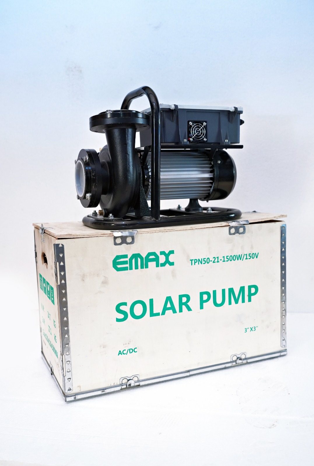 EMAX solar pump in branded export shipping crate